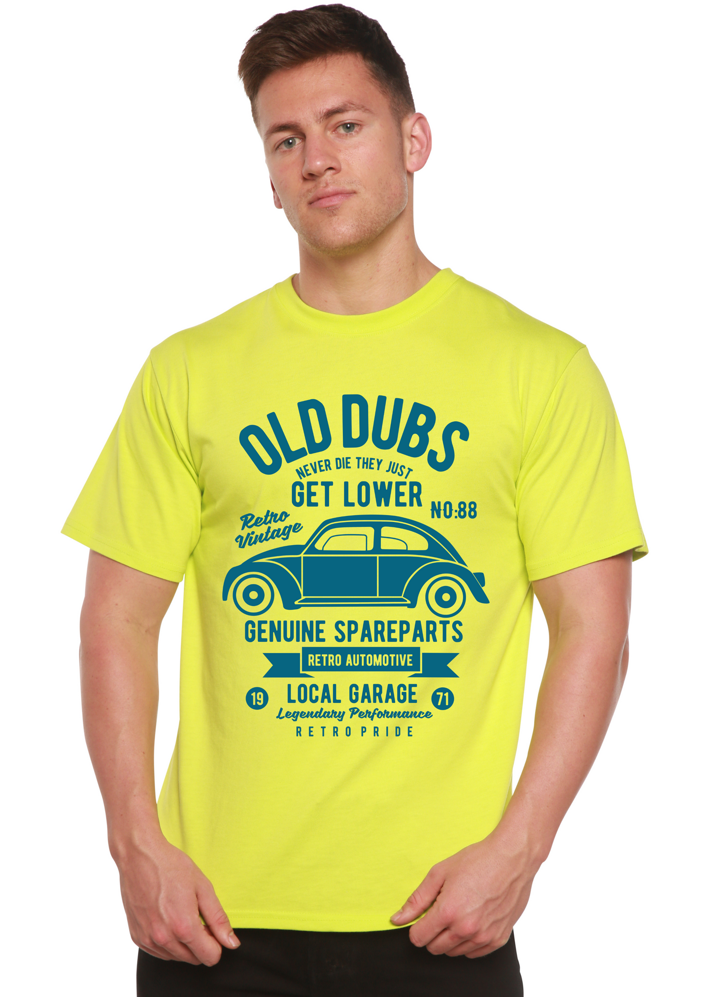 Old Dubs Spun Bamboo men's neon yellow short sleeve graphic T-shirt with blue vintage car print on Tampa Home & Garden Store
