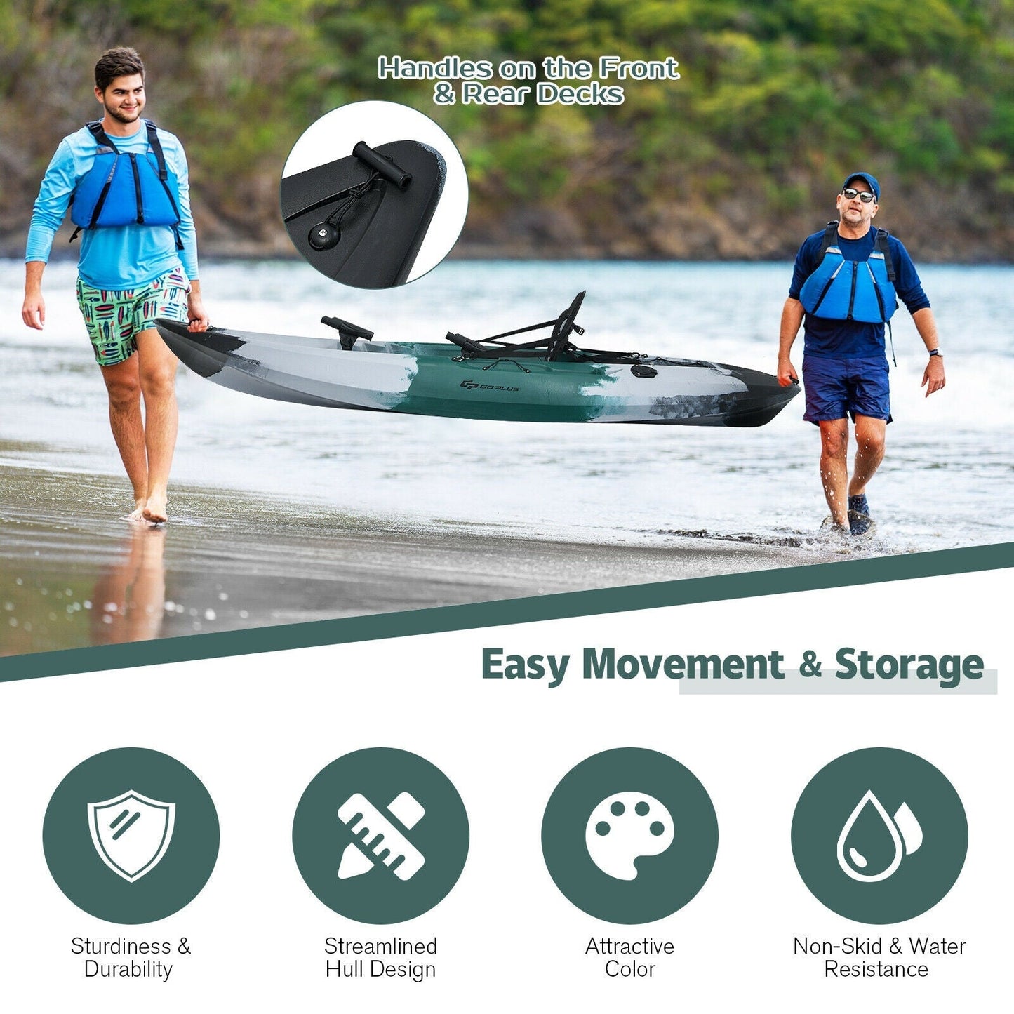 GemGear Sit-on-Top Fishing Kayak with rod holders and paddle, gray, carried by two people on shore on Tampa Home & Garden Store
