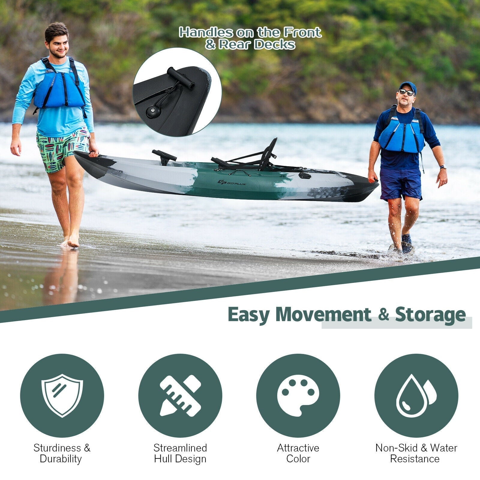 GemGear Sit-on-Top Fishing Kayak with rod holders and paddle, gray, carried by two people on shore on Tampa Home & Garden Store