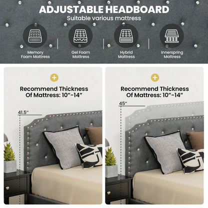 Base de cama tapizada con cabecera capitoné ajustable - Tamaño matrimonial
