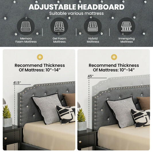 Upholstered Bed Frame with Adjustable Diamond Button Headboard-Full Size - Tampa Home & Garden Store