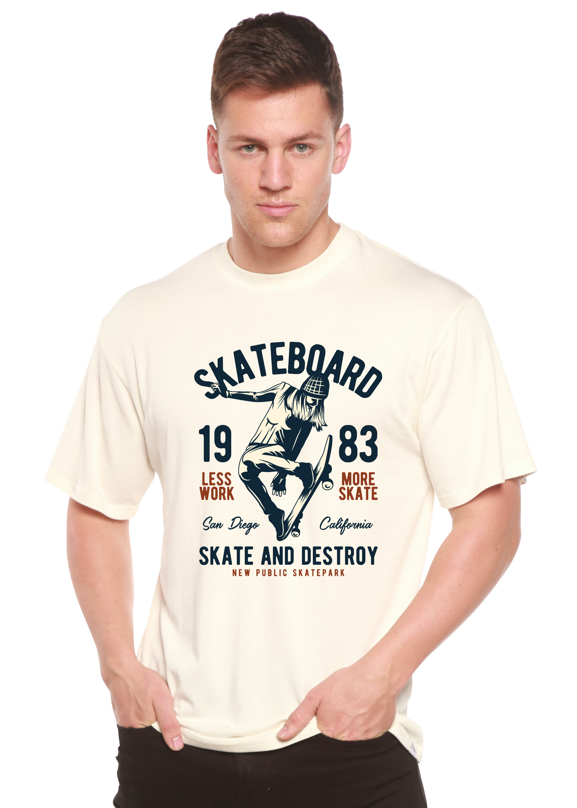 Skateboard 1983 men's bamboo viscose/organic cotton short sleeve graphic T-shirt cream with skateboard graphic on Tampa Home & Garden Store