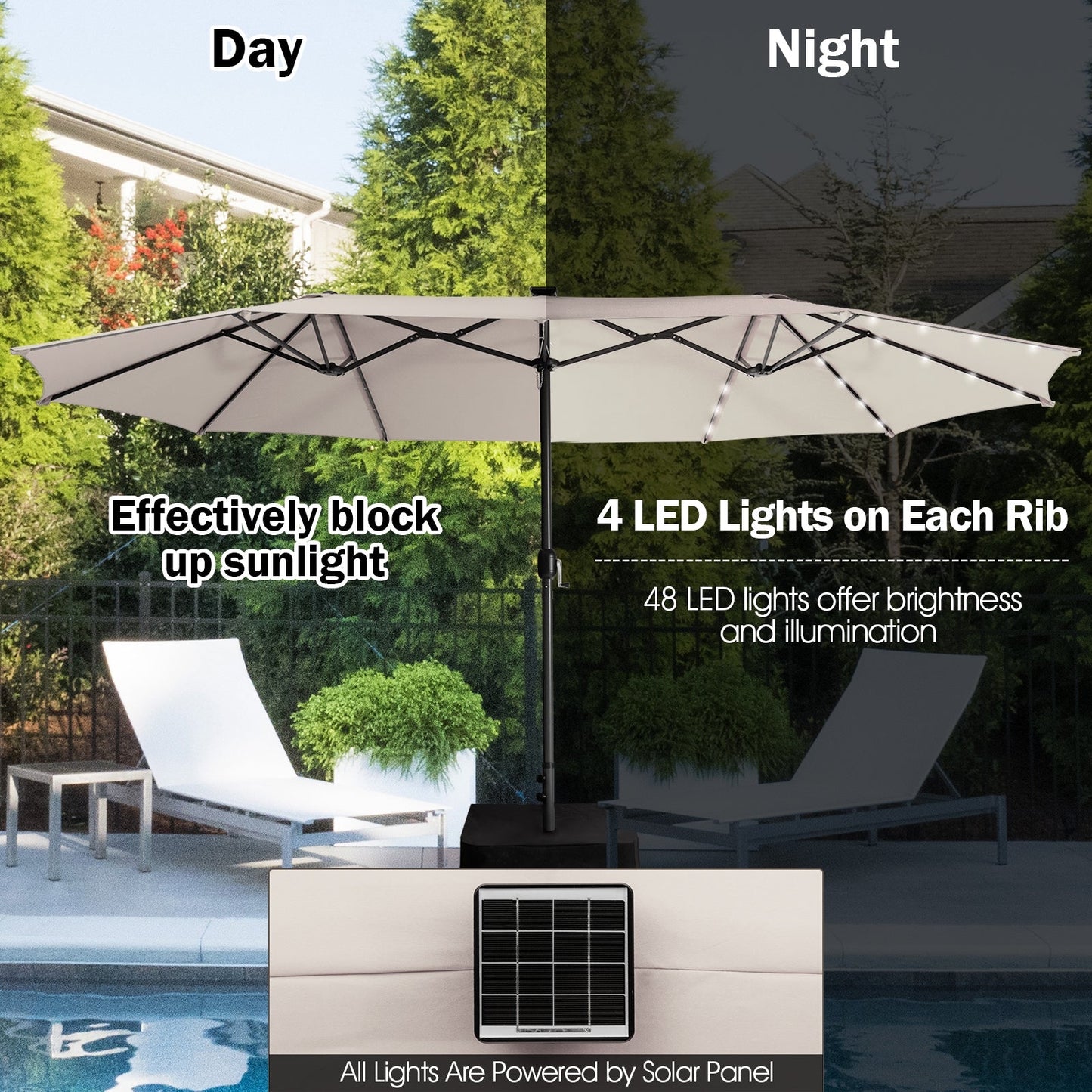 Sombrilla doble de 4,5 metros para patio con 48 luces LED solares - Beige