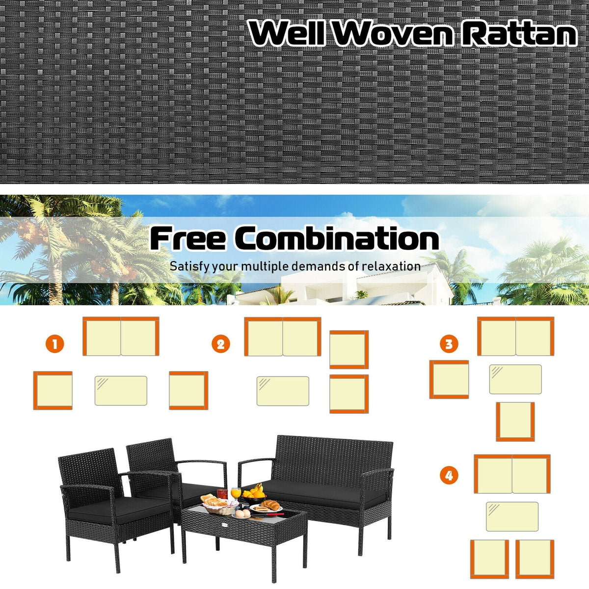 4-Piece black rattan patio furniture set with cushions by DirectDeals, Outdoor Furniture Sets on Tampa Home & Garden Store