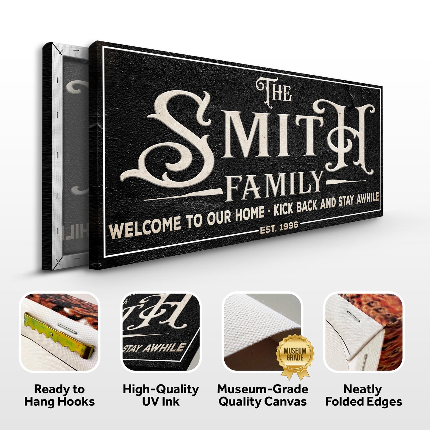 Family Sign XXV canvas crafting with black textured background and ivory ornate typography on Tampa Home & Garden Store