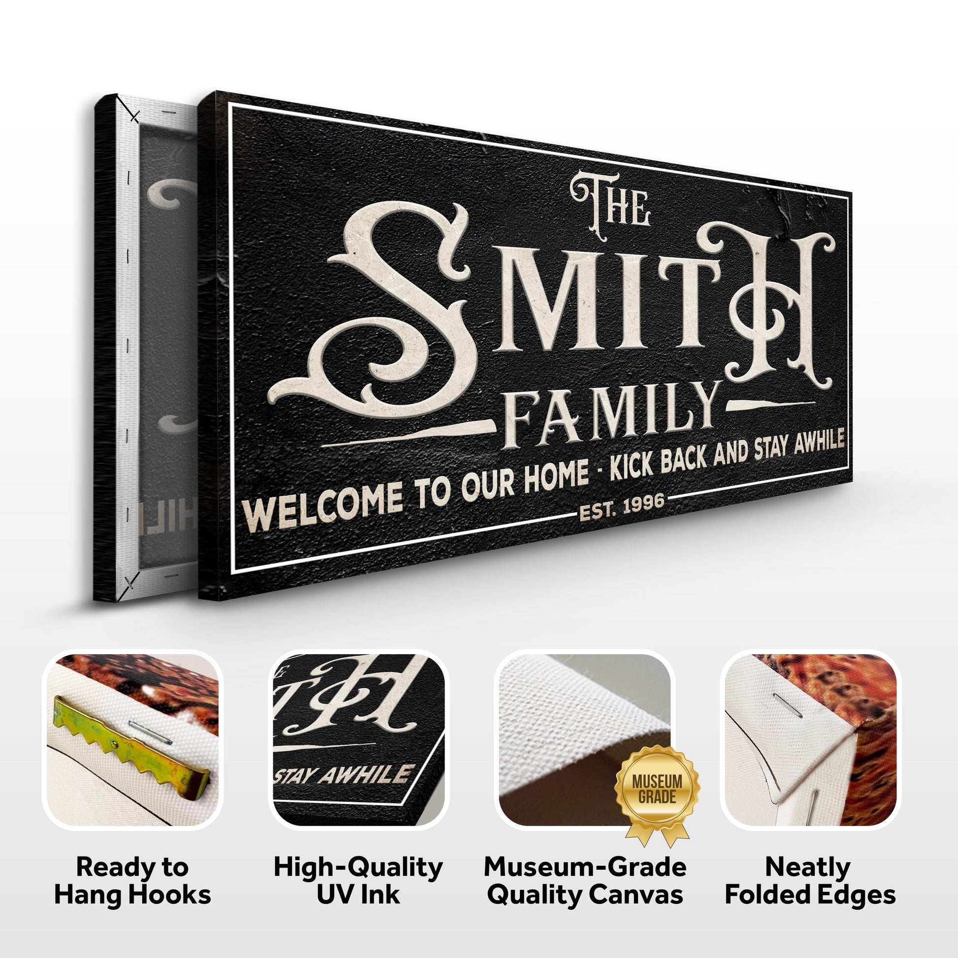 Family Sign XXV canvas crafting with black textured background and ivory ornate typography on Tampa Home & Garden Store