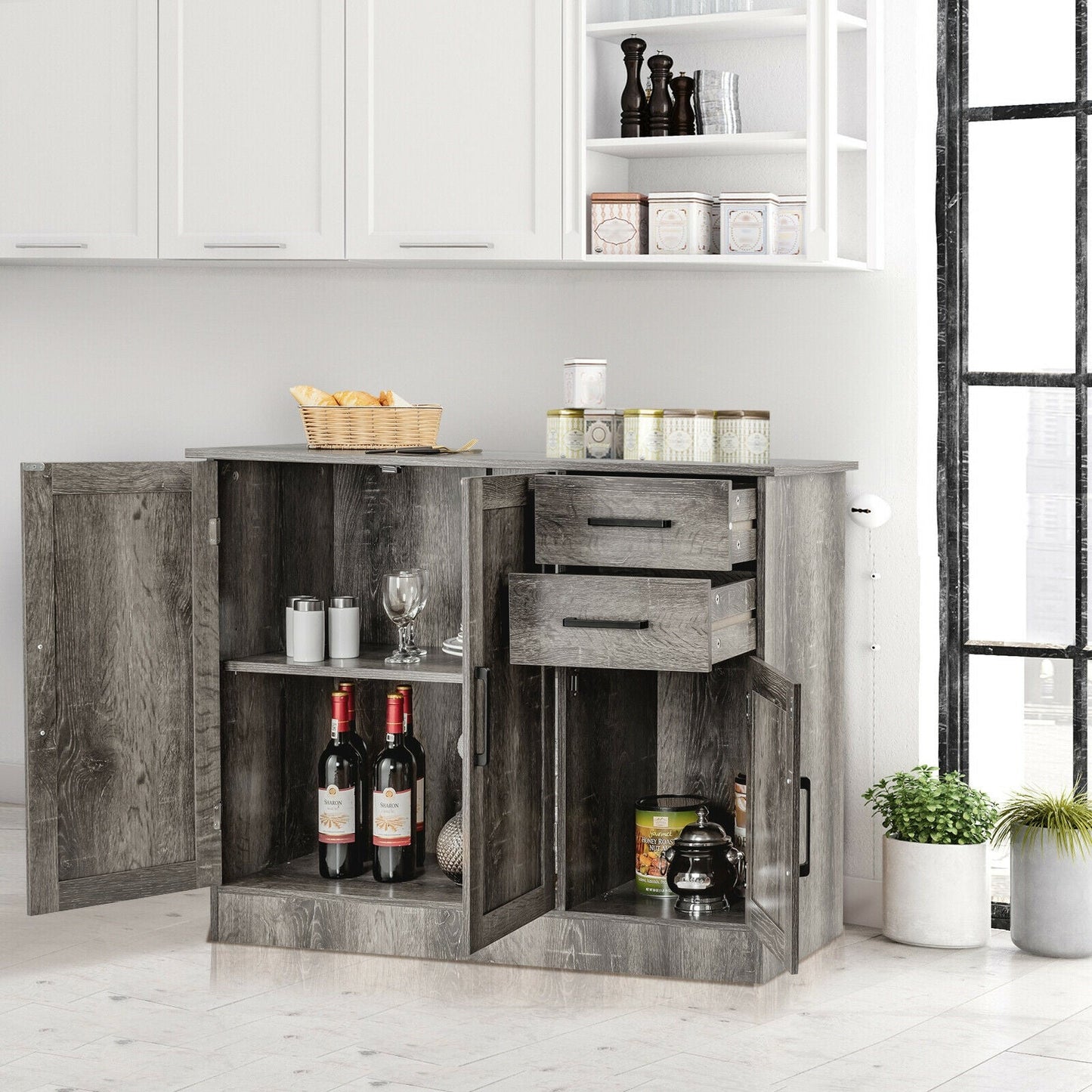Mueble aparador con almacenamiento tipo buffet y 2 cajones para cocina - Gris