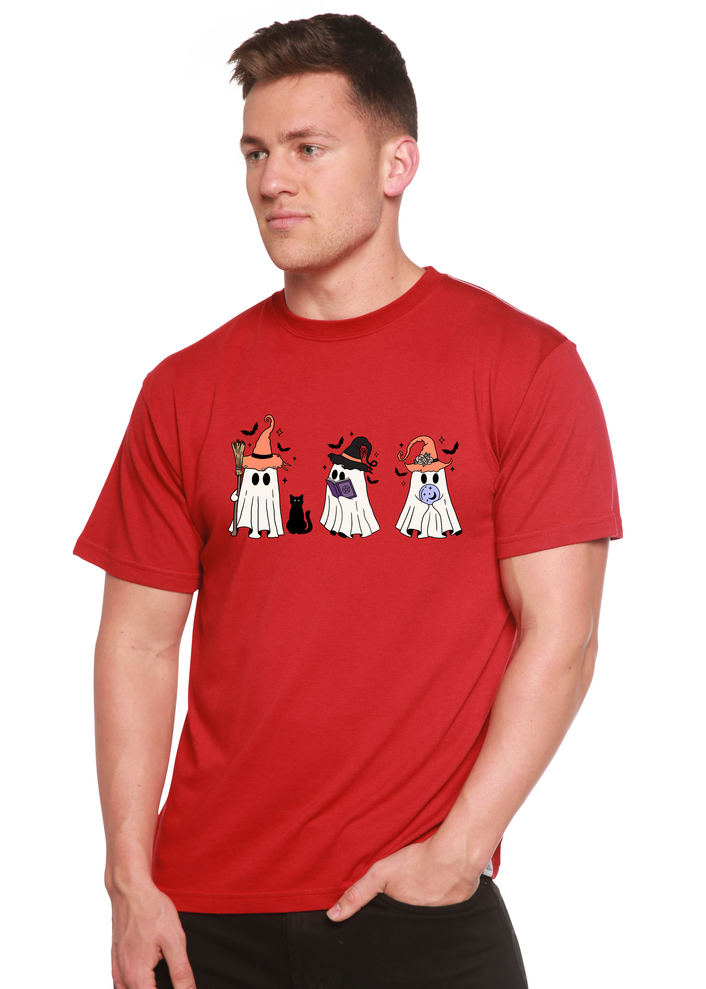 Men's Halloween Boo graphic tee in red with three hat-wearing ghosts and a black cat, bamboo viscose/organic cotton, Spun Bamboo on Tampa Home & Garden Store