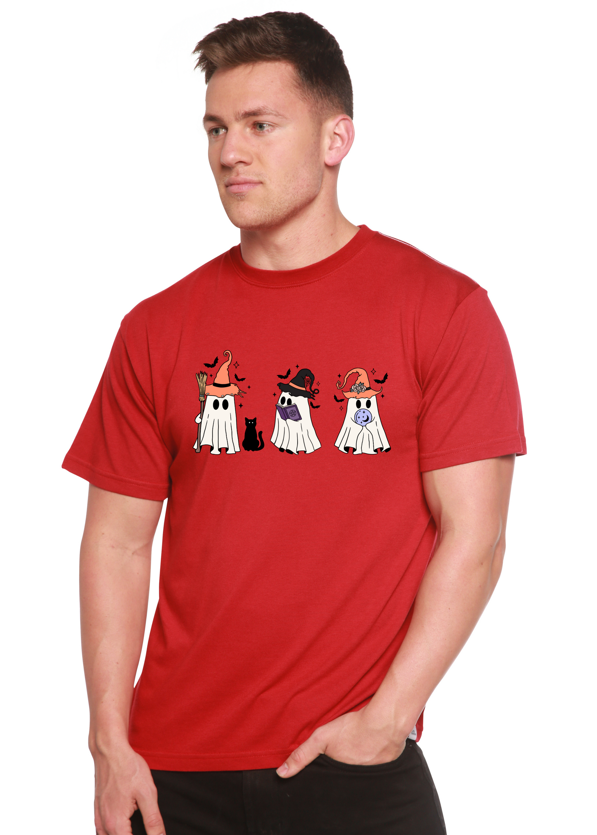 Men's Halloween Boo graphic tee in red with three hat-wearing ghosts and a black cat, bamboo viscose/organic cotton, Spun Bamboo on Tampa Home & Garden Store