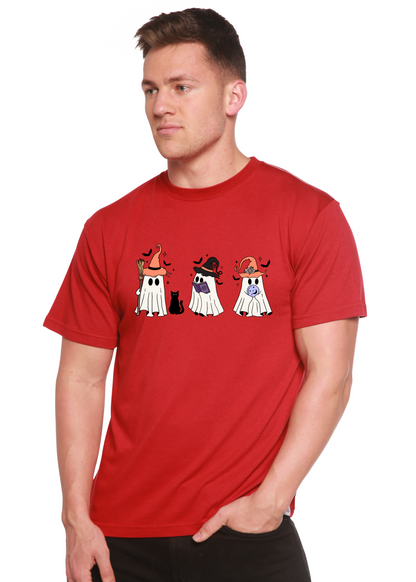 Men's Halloween Boo graphic tee in red with three hat-wearing ghosts and a black cat, bamboo viscose/organic cotton, Spun Bamboo on Tampa Home & Garden Store