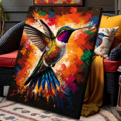 Humming Bird Abstract Wall Art canvas in bold orange, teal, blue hues on Tampa Home & Garden Store