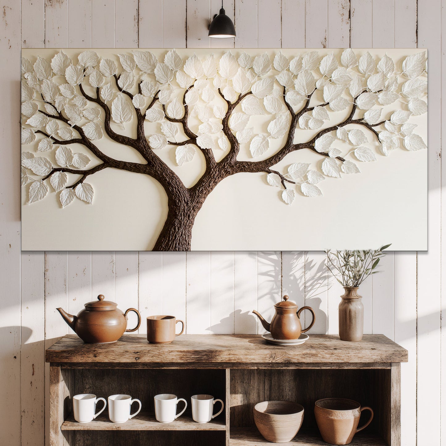 Ivory canopy tree wall art on canvas by Tailored Canvases with brown trunk and white leaves on Tampa Home & Garden Store