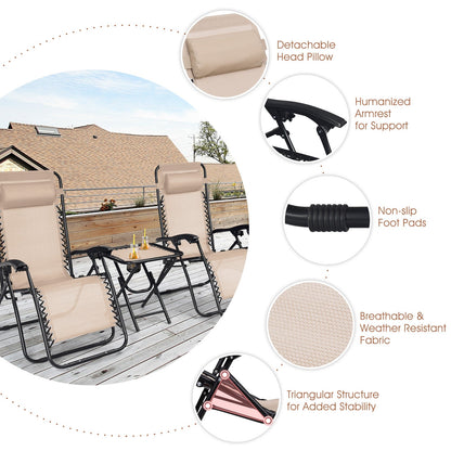 3 Pieces Folding Portable Zero Gravity Reclining Lounge Chairs Table Set-Beige