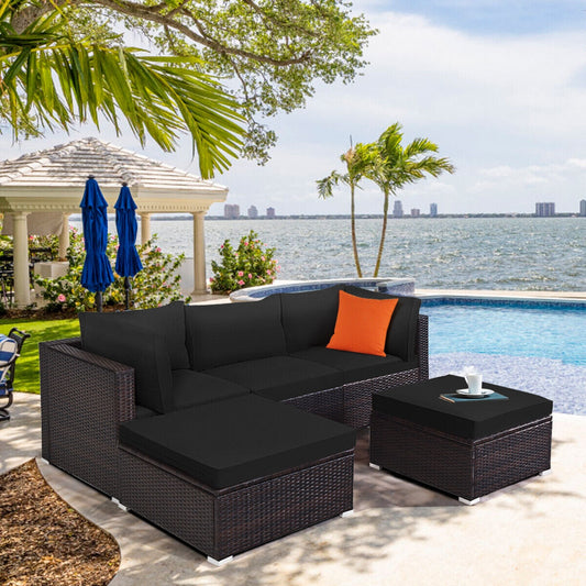 5 Pieces Patio Sectional Rattan Furniture Set with Ottoman Table-Black - Tampa Home & Garden Store