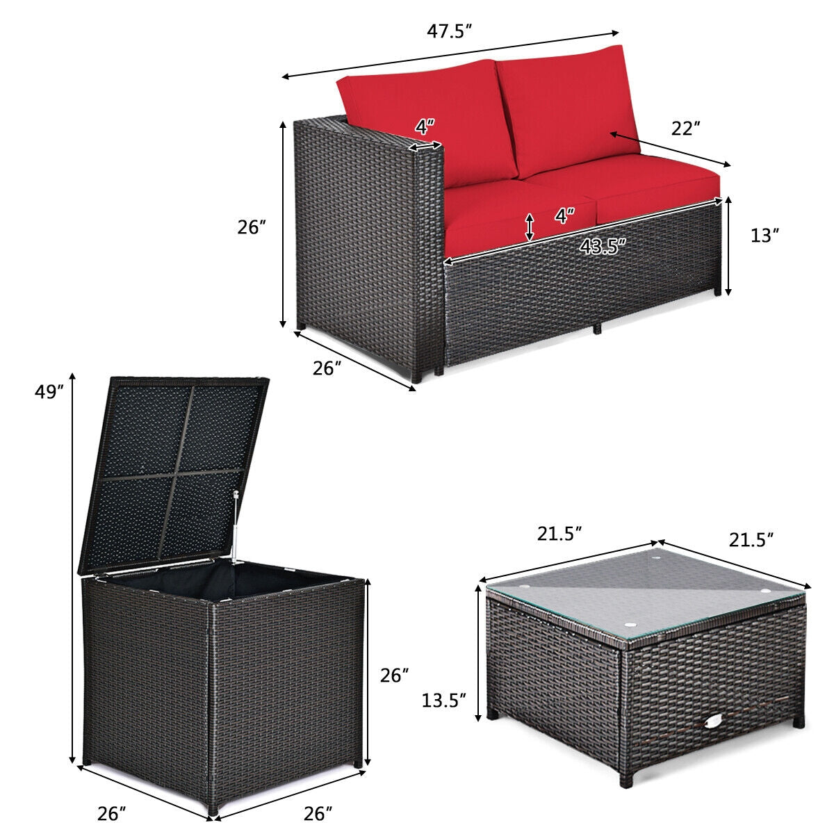 Juego de muebles de ratán para patio exterior de 4 piezas con sofá biplaza acolchado y caja de almacenamiento - Rojo