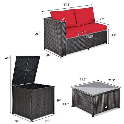 Juego de muebles de ratán para patio exterior de 4 piezas con sofá biplaza acolchado y caja de almacenamiento - Rojo