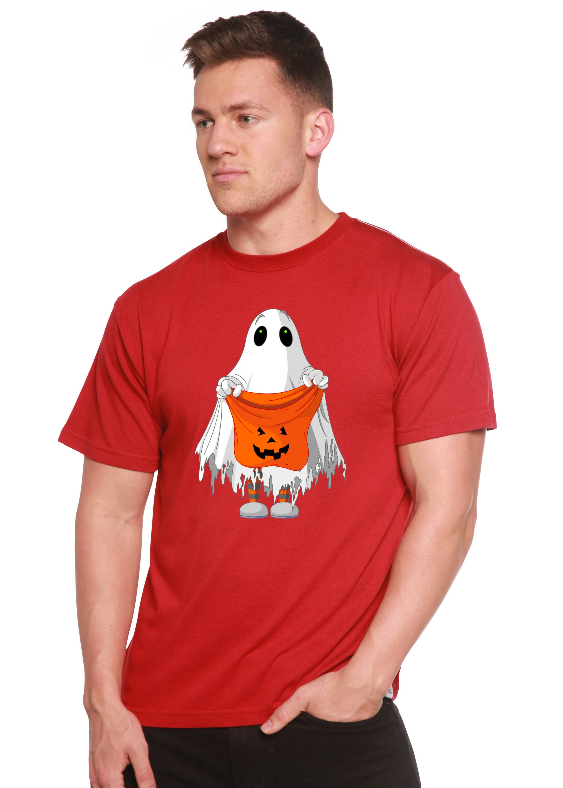 Red Boo Halloween Spun Bamboo men's bamboo tee with ghost and pumpkin bucket graphic on Tampa Home & Garden Store