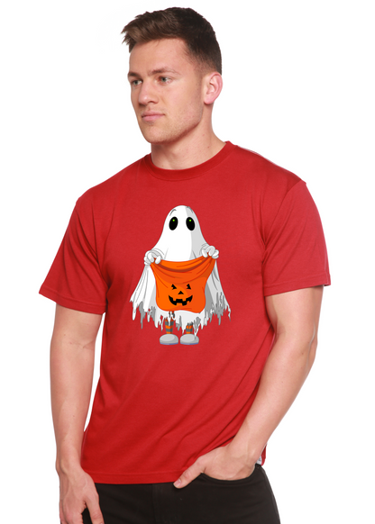 Red Boo Halloween Spun Bamboo men's bamboo tee with ghost and pumpkin bucket graphic on Tampa Home & Garden Store