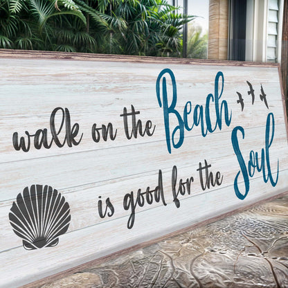 A Walk On The Beach Is Good For Soul Sign II canvas sign with teal lettering seashell motif on Tampa Home & Garden Store