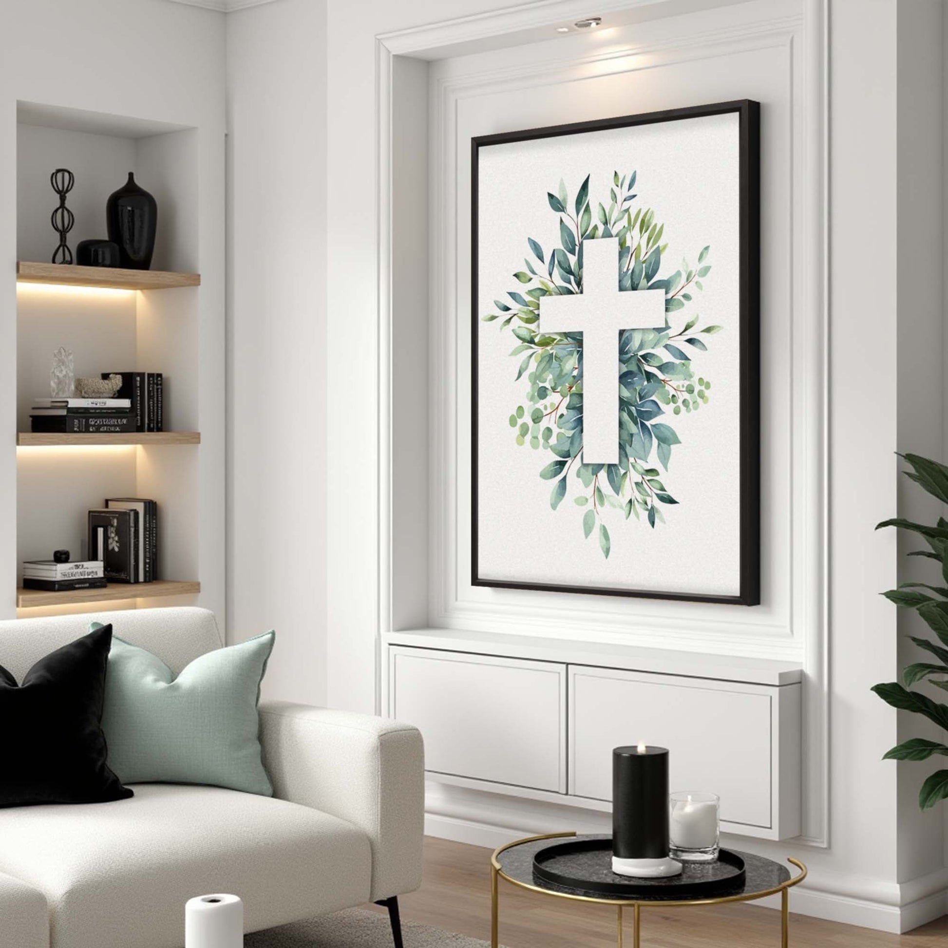 Evergreen Cross Faith Wall Art canvas by Tailored Canvases with leafy greenery on Tampa Home & Garden Store