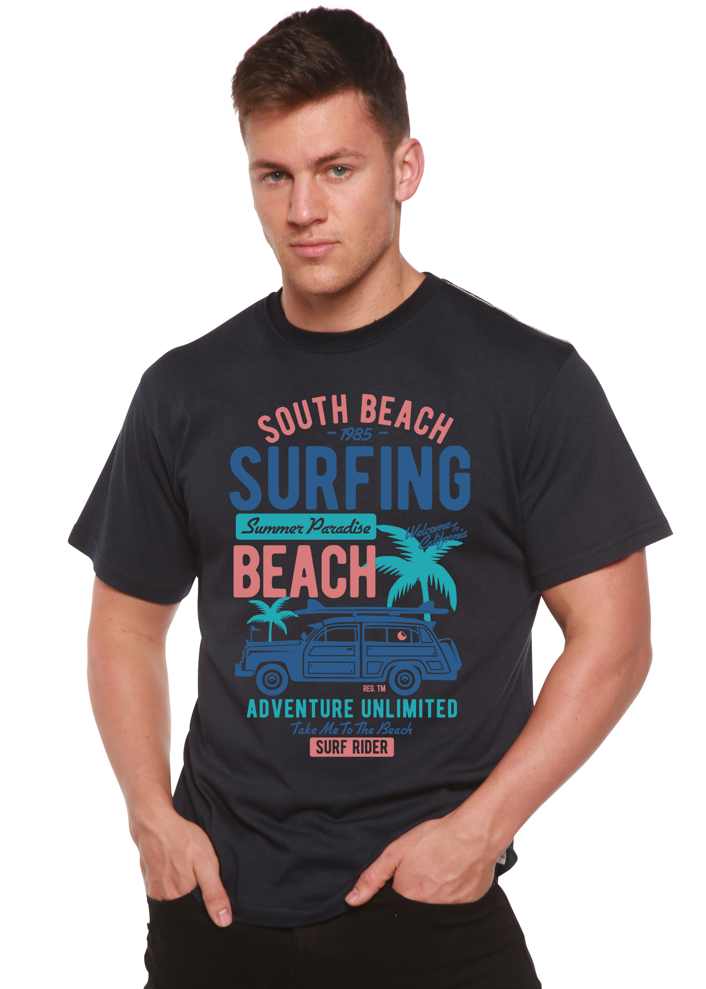 South Beach Spun Bamboo men's navy short sleeve graphic tee with surf and palm print on Tampa Home & Garden Store
