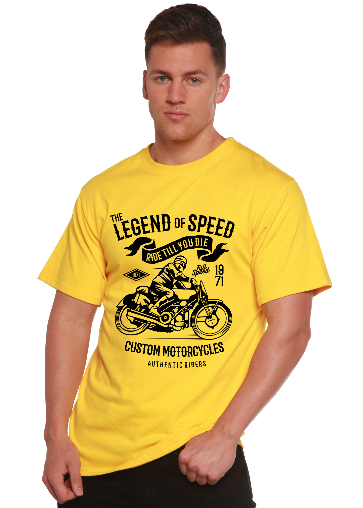 Men's printed yellow T-shirt by Spun Bamboo with bold motorcycle graphic on Tampa Home & Garden Store