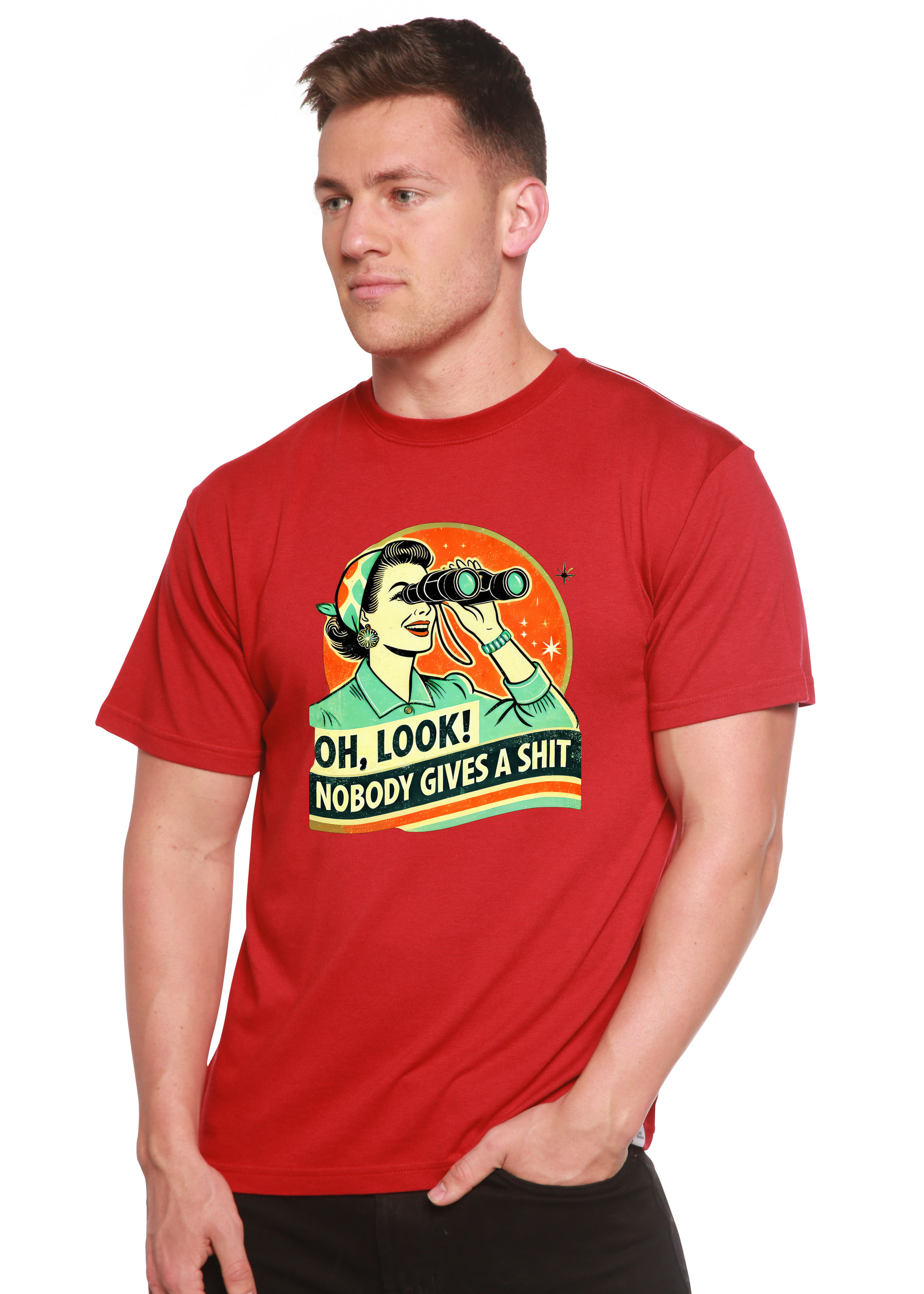 Funny Retro Woman Unisex Bamboo/Cotton Graphic T Shirt red with retro illustration and binoculars on Tampa Home & Garden Store