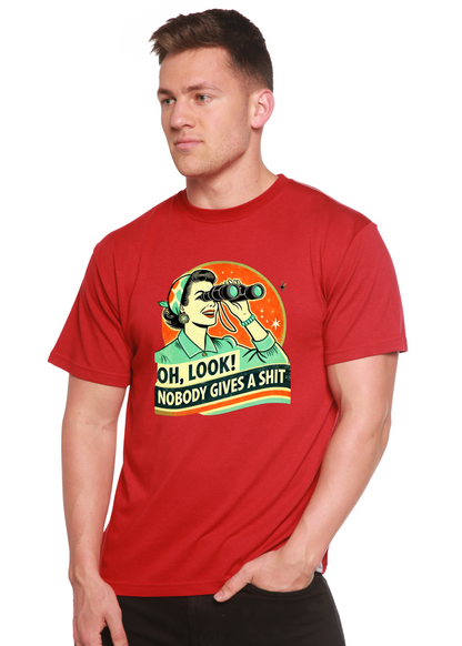 Funny Retro Woman Unisex Bamboo/Cotton Graphic T Shirt red with retro illustration and binoculars on Tampa Home & Garden Store