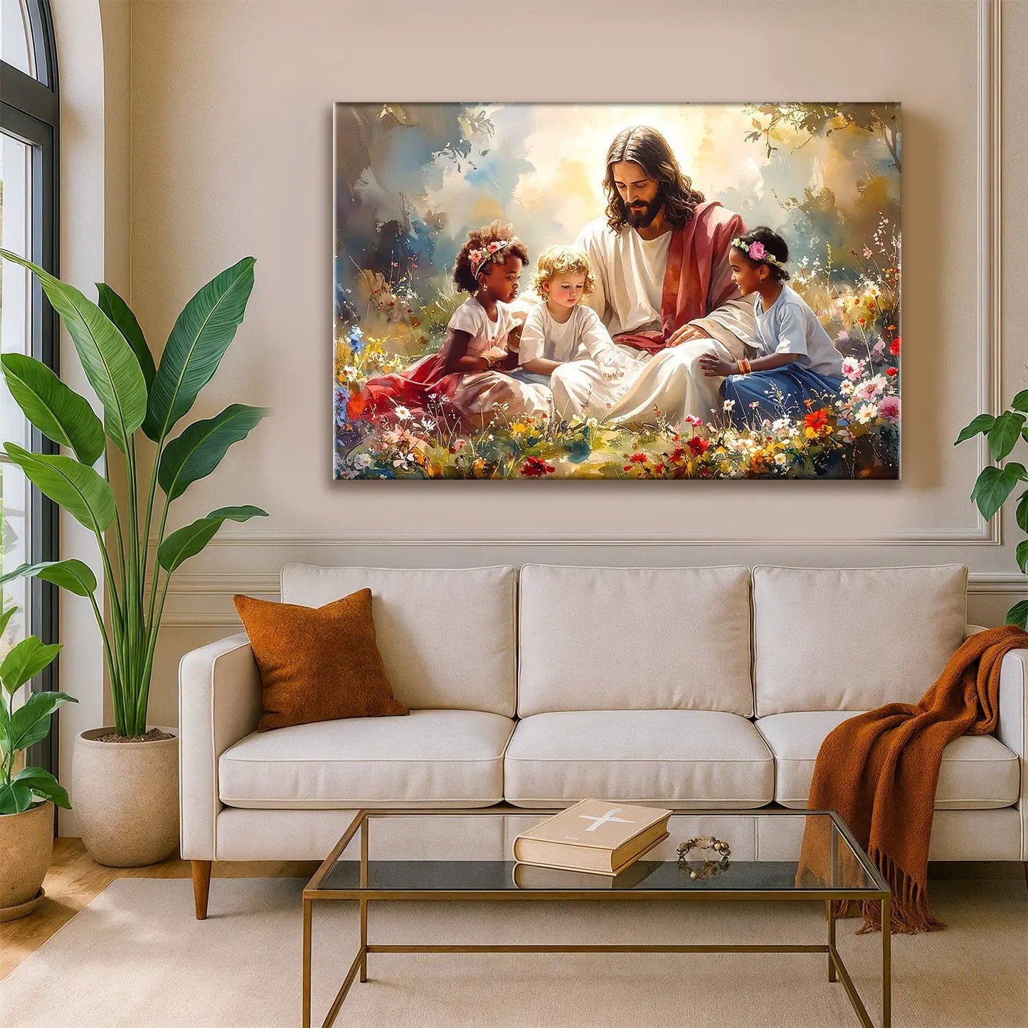 Canvas wall art Jesus With Children Faith Wall Art VI by Tailored Canvases in a garden scene on Tampa Home & Garden Store