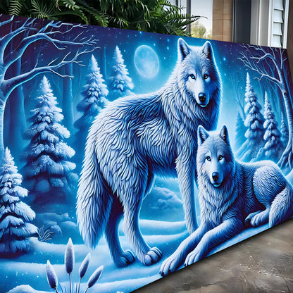 3D Wolves Wall Art II canvas by Tailored Canvases, icy blue snowy forest with two wolves on Tampa Home & Garden Store