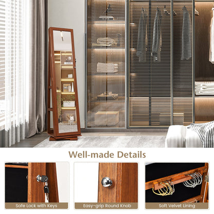 360° Rotatable 2-in-1 Lockable Jewelry Cabinet with Full-Length Mirror-Brown