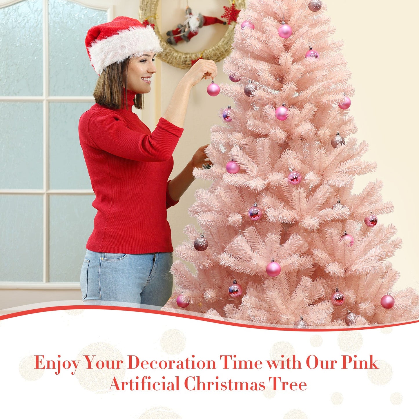 6/7 ft pink hinged full fir artificial Christmas tree DirectDeals with pink ornaments on Tampa Home & Garden Store