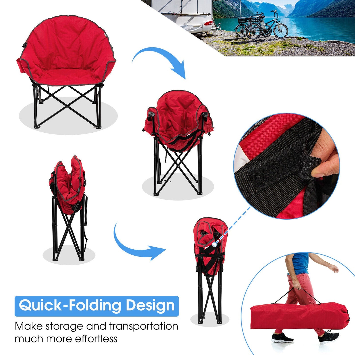 GemGear Folding Camping Moon-Padded Chair with Carrying Bag, red, portable camp furniture on Tampa Home & Garden Store