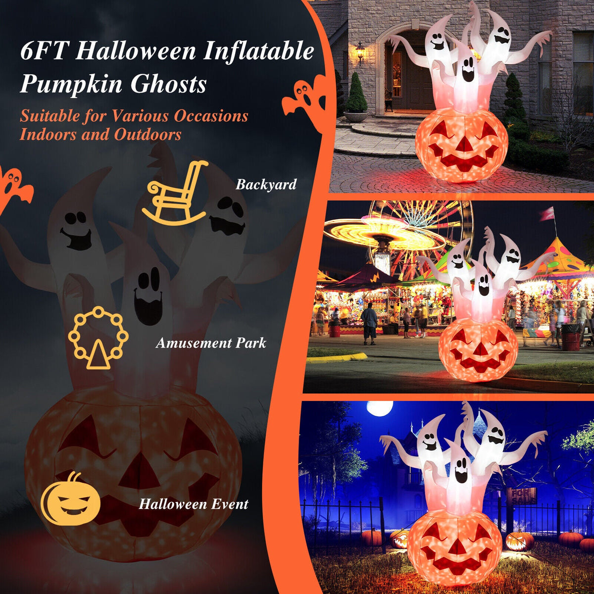 6ft DirectDeals Halloween inflatable pumpkin ghosts with rotating lamp, orange base on Tampa Home & Garden Store