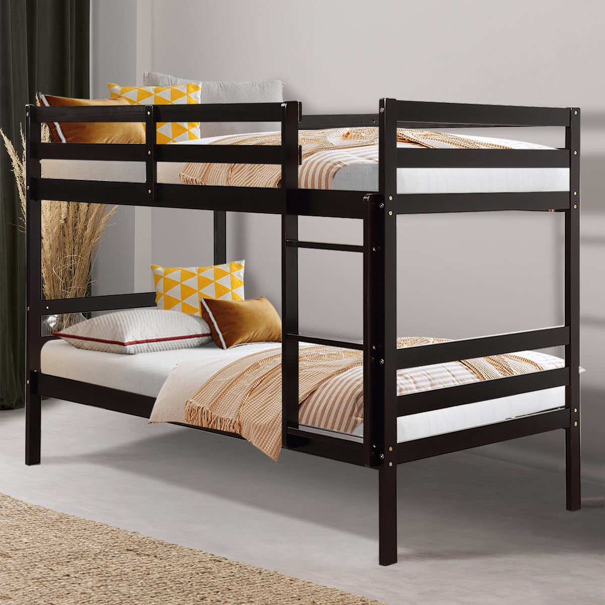 Literas dobles de madera para niños, literas de madera maciza - Marrón