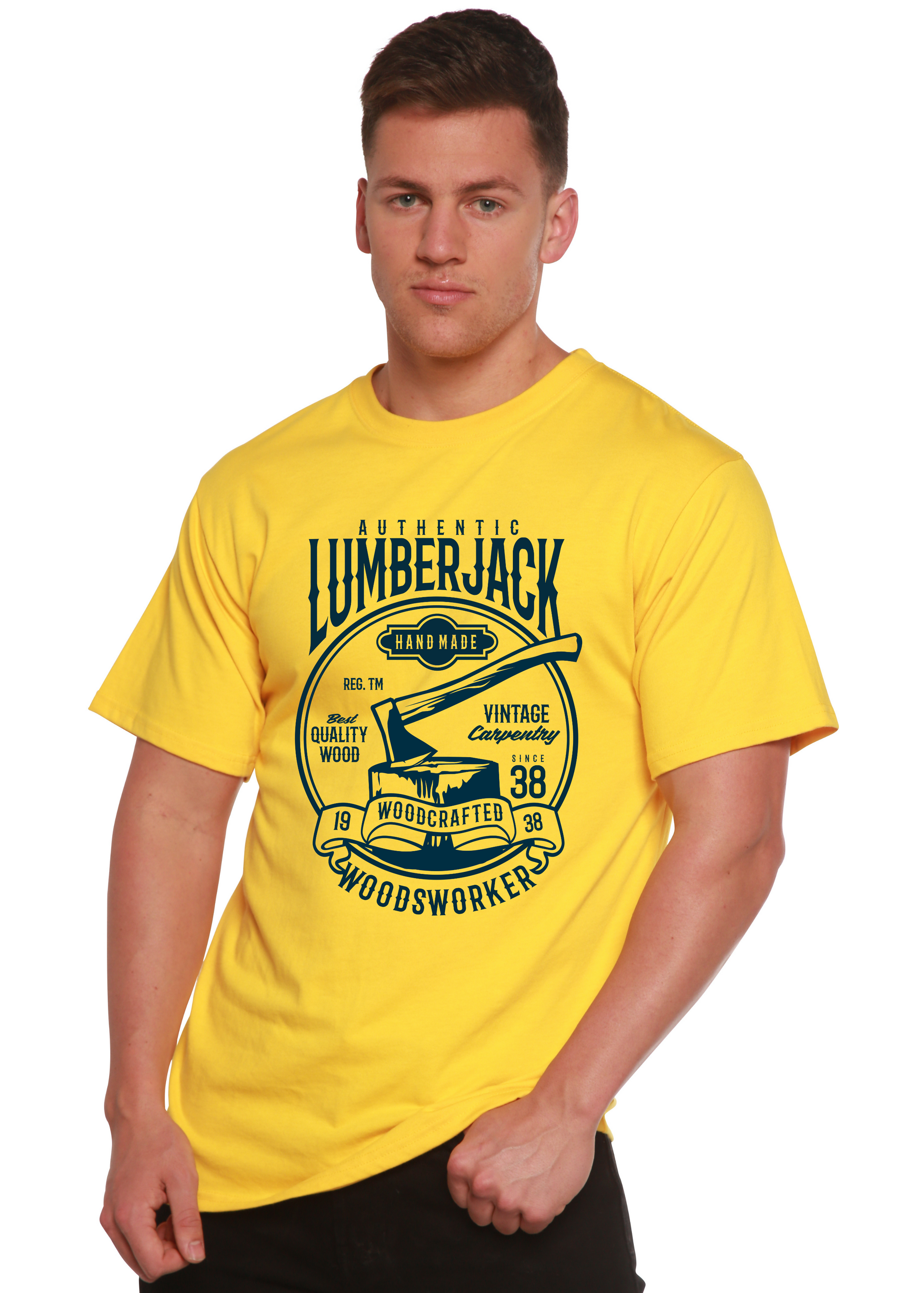 Mens yellow Lumberjack graphic T-shirt by Spun Bamboo, bamboo viscose/organic cotton on Tampa Home & Garden Store