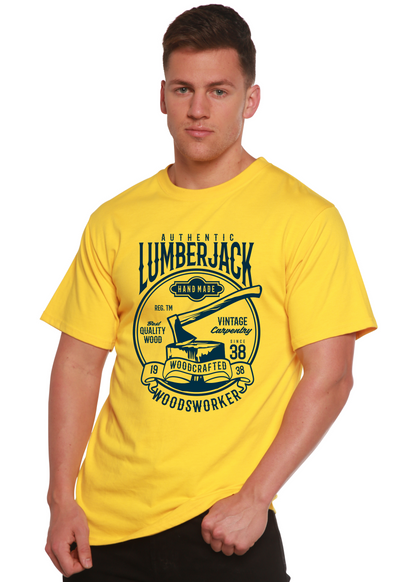 Mens yellow Lumberjack graphic T-shirt by Spun Bamboo, bamboo viscose/organic cotton on Tampa Home & Garden Store