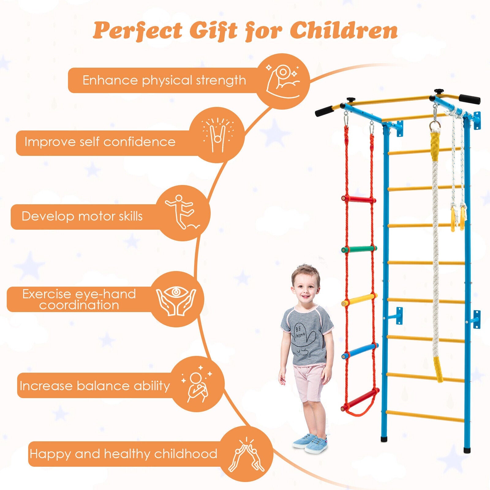 7 In 1 Kids Indoor Gym Playground Swedish Wall Ladder for Solid Wall-Yellow - Tampa Home & Garden Store