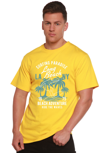 Beach Adventure men's bamboo viscose/organic cotton yellow tee palm print Spun Bamboo on Tampa Home & Garden Store