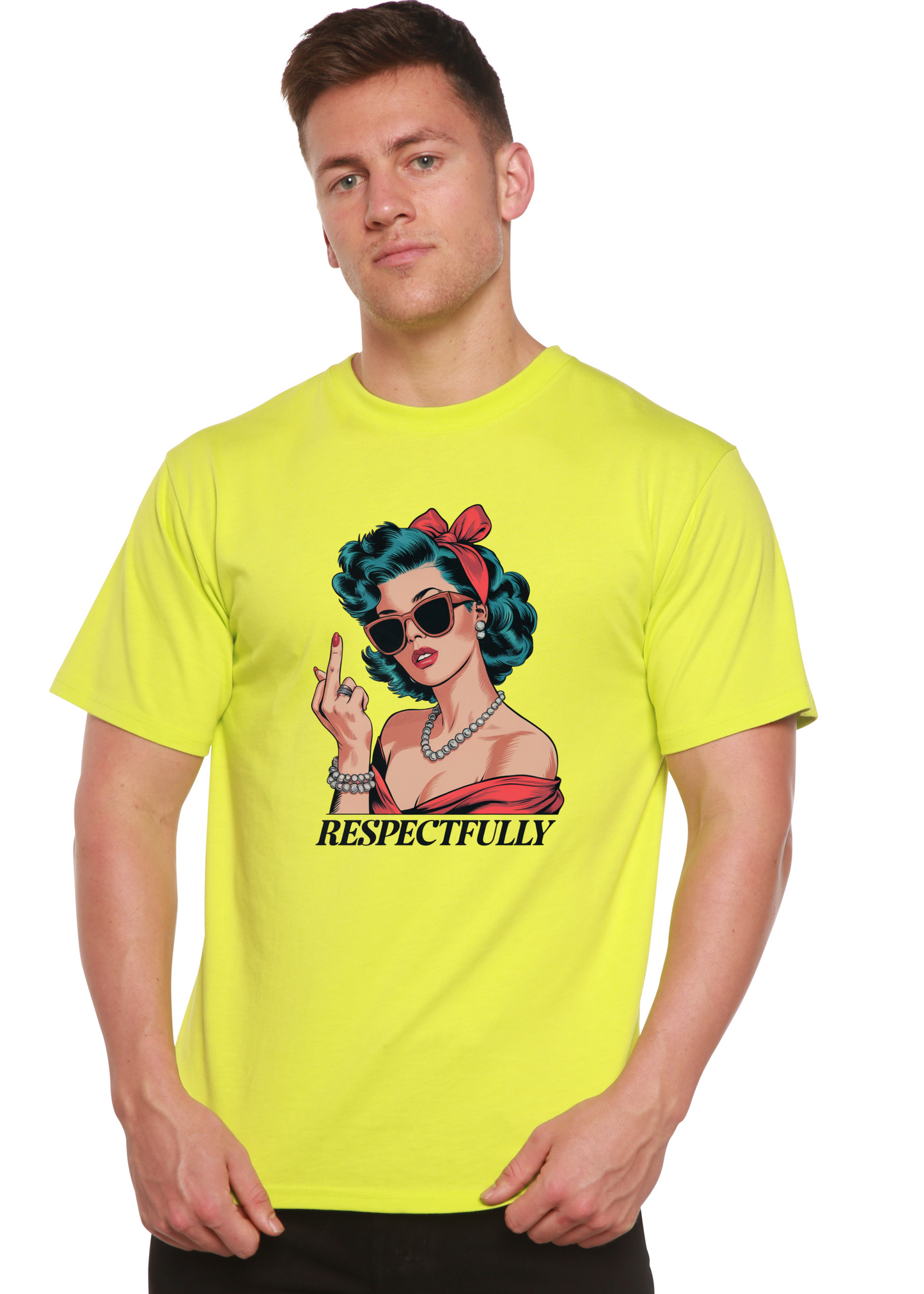 Respectfully Middle Finger unisex bamboo/cotton graphic T-shirt neon yellow with pinup woman on Tampa Home & Garden Store