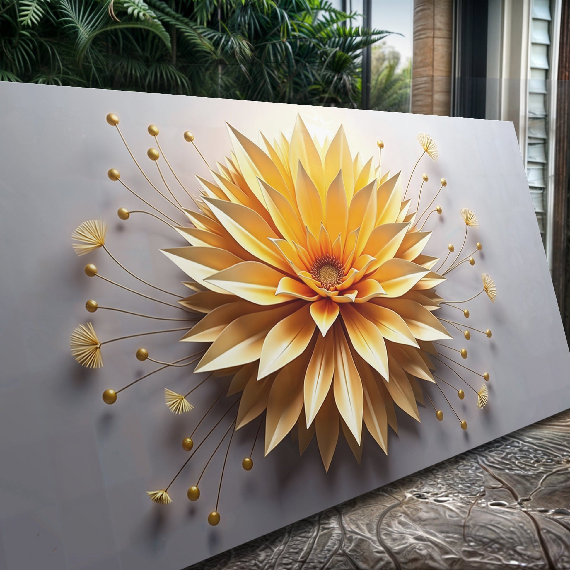 Golden Dandelion Minimalist Abstract Canvas by Tailored Canvases with radiant yellow petals on Tampa Home & Garden Store