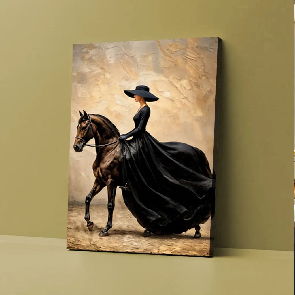 Elegant Equestrian Wall Art Canvas; black-clad rider on dark horse before beige backdrop on Tampa Home & Garden Store