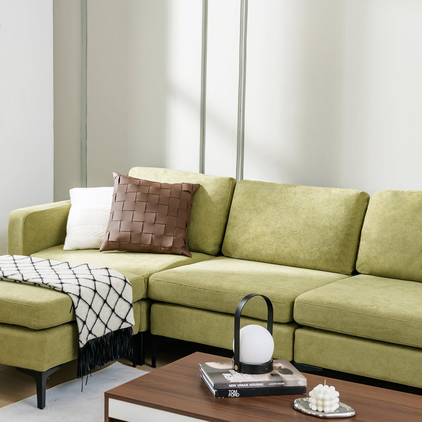 Sofá seccional modular en forma de L de 3 plazas con chaise reversible y 2 puertos USB - Verde