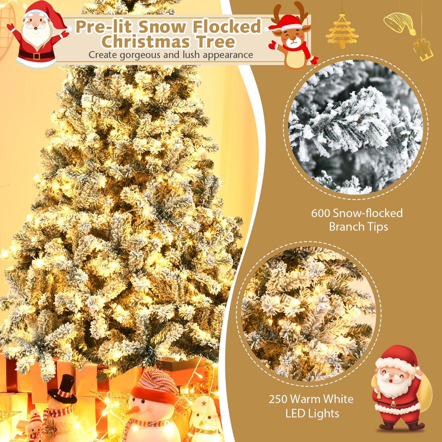 Árbol de Navidad artificial de bisagras con nieve, preiluminado, de primera calidad - 1,83 m