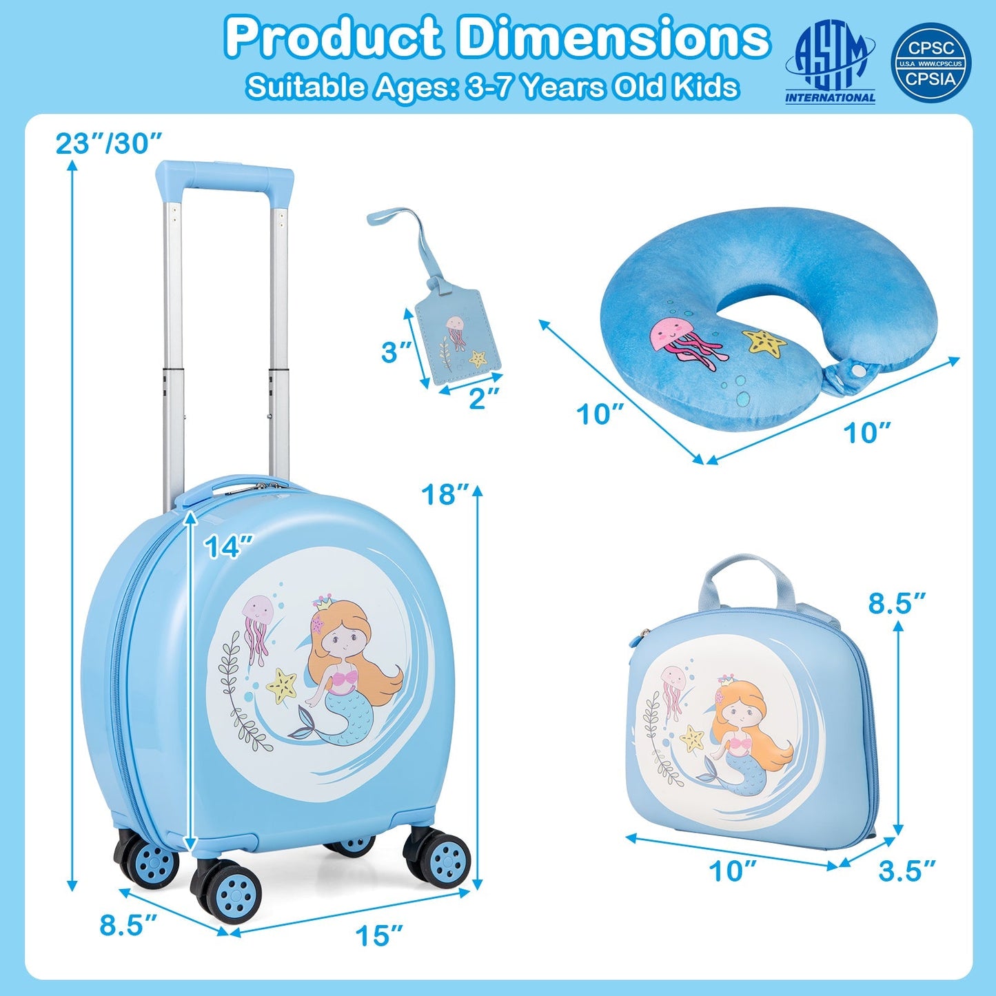 GemGear kids luggage set: 14in blue hardside carry-on spinner, 10in backpack, neck pillow on Tampa Home & Garden Store