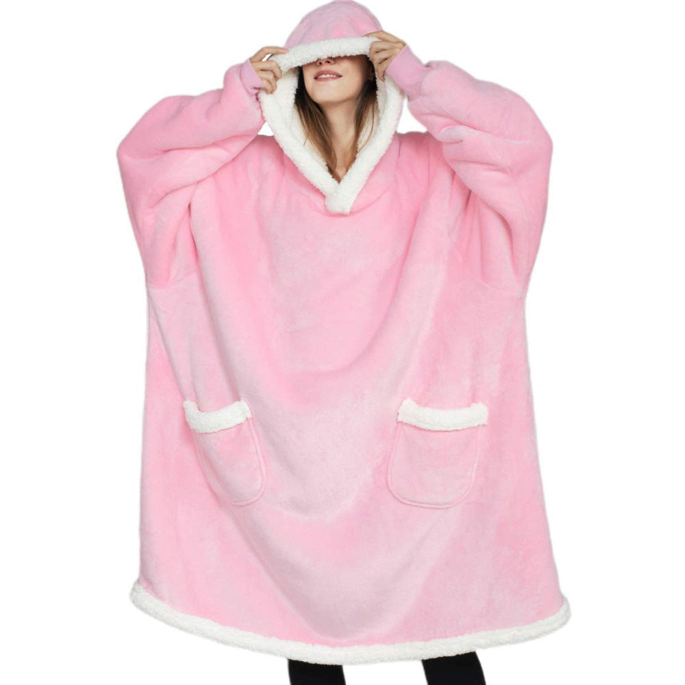 Stevvex pink oversized hoodie blanket with white sherpa trim, front pockets and hood on Tampa Home & Garden Store
