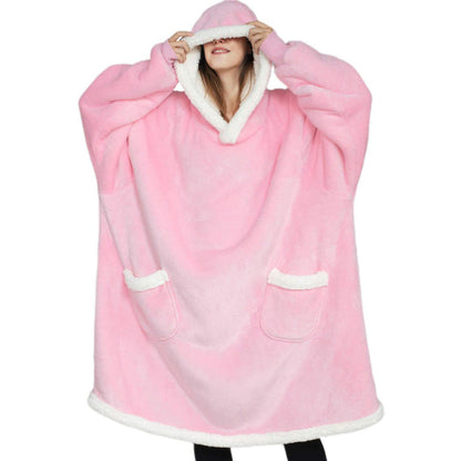 Stevvex pink oversized hoodie blanket with white sherpa trim, front pockets and hood on Tampa Home & Garden Store