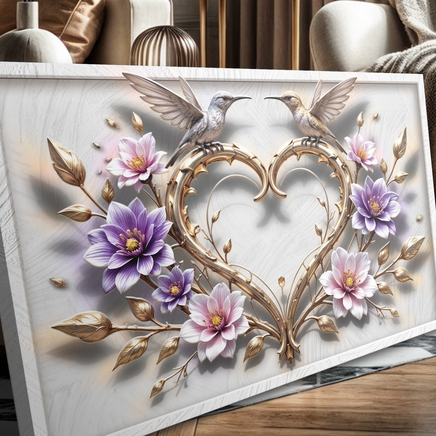 3D hummingbirds wall art canvas with a gold ornate circular frame and pink-purple flowers on Tampa Home & Garden Store