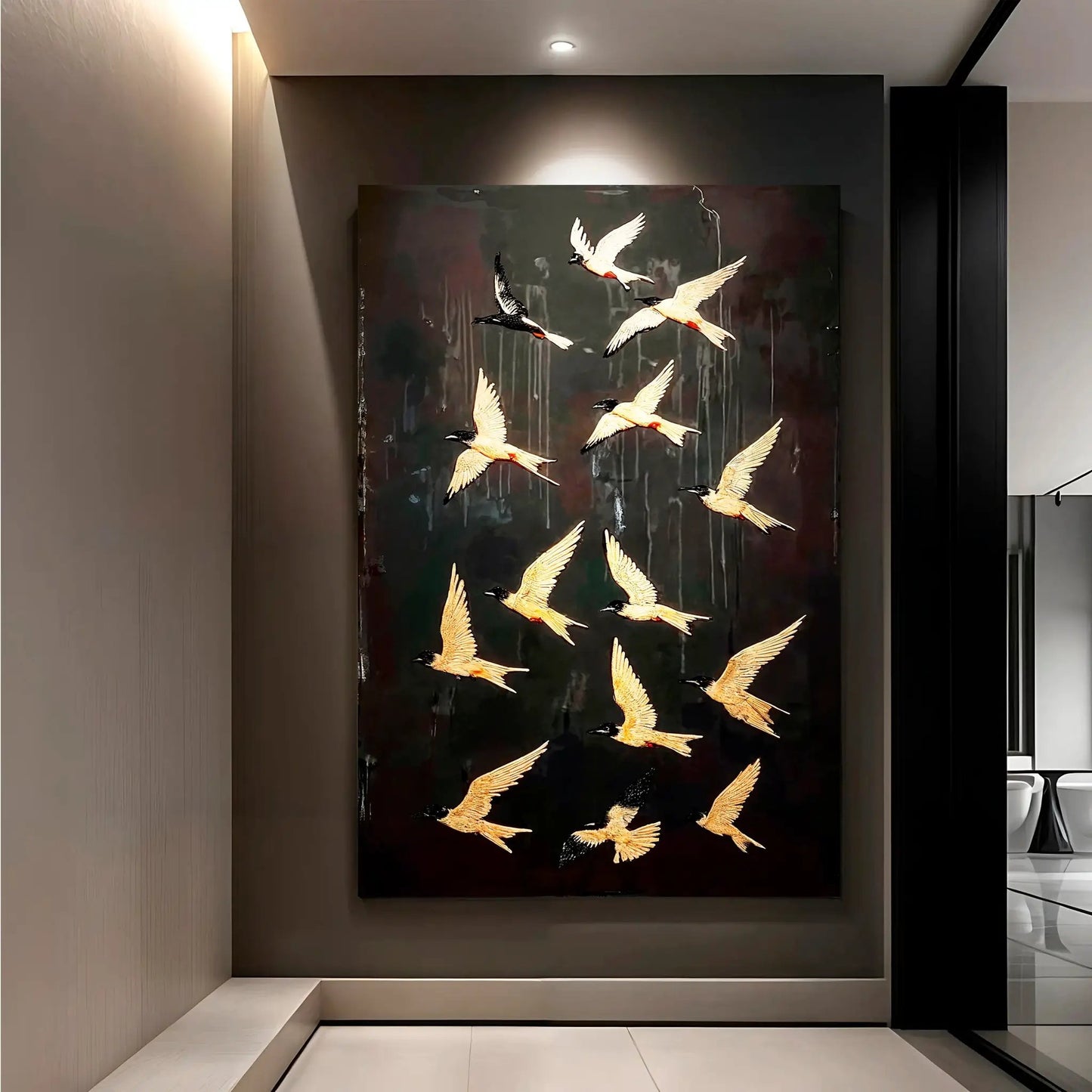 Abstract Flying Swallow Canvas by Tailored Canvases, gold swallows on dark background on Tampa Home & Garden Store