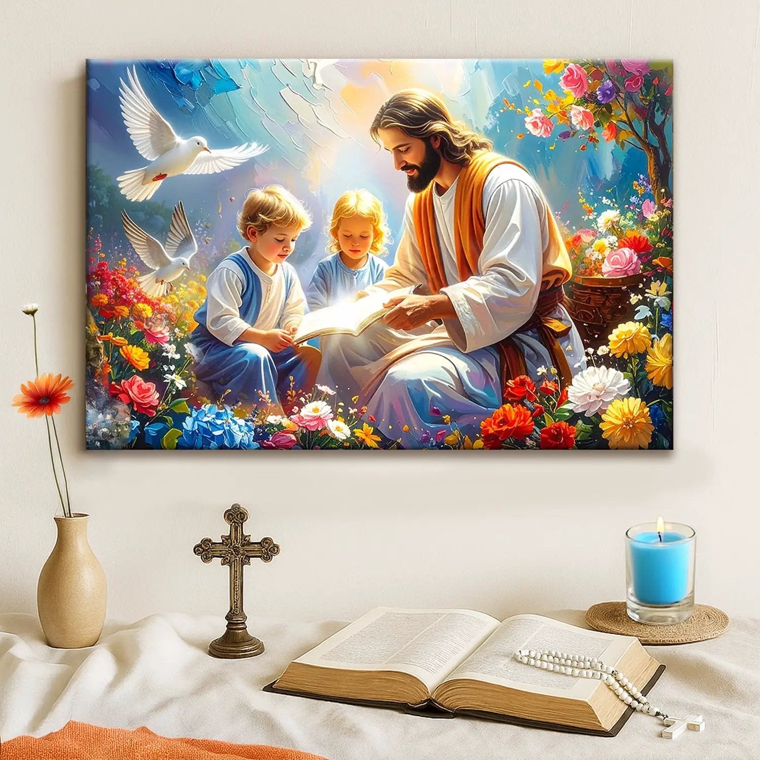 Jesus With Children Faith Wall Art IV canvas by Tailored Canvases, vivid floral religious scene on Tampa Home & Garden Store